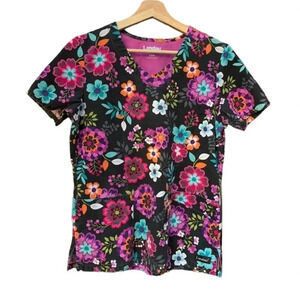 LANDAU women's XS black floral scrub top